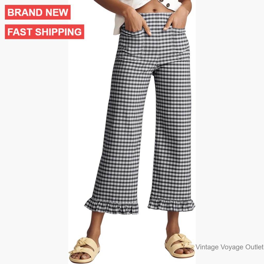 Cotton Blend Flare Pants Elastic Waist Ruffle Hem Cropped Wide Leg Trousers